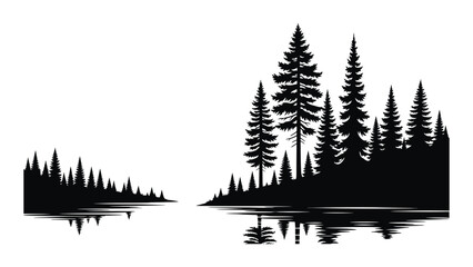 A black silhouette of a forest and lake isolated on white background, Vector © Apurba
