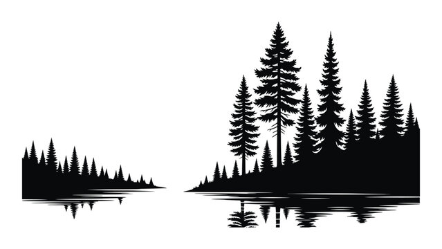 A black silhouette of a forest and lake isolated on white background, Vector