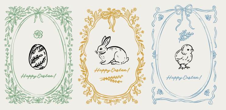 Beautiful Set Of Whimsical Hand Drawn Easter frames, vector hand-drawn illustration