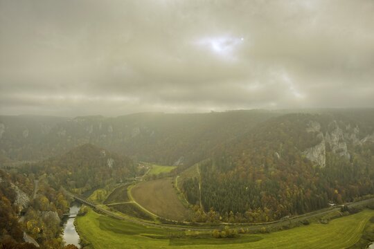 View from the Rauher Stein vantage point into the upper Danube valley, Upper Danube nature park Park, Swabian Alb, Baden-W&uuml;rttemberg, Germany