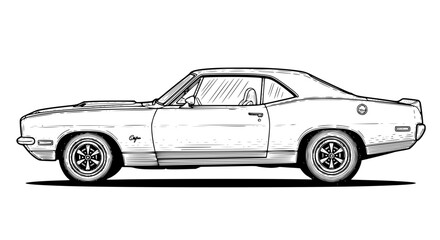 Fototapeta premium Muscle Car Engraving Sketch Vector – Vintage Etching Style