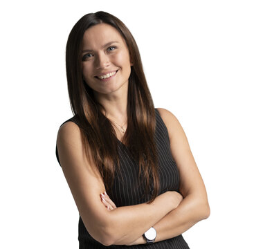 Classic portrait of business woman isolated studio portrait on transparent. Happy successful employee businesswoman corporate lawyer 30s