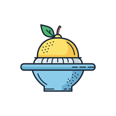 A stylized illustration of an apple balanced atop a blue bowl with a green leaf