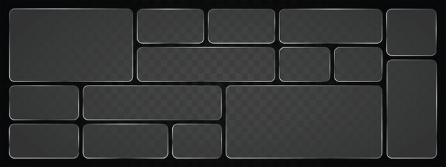 Liquid Glass Vector Frame Collection in Glassmorphism Style &ndash; Neon Luminescent Rectangular and Circular Frosted Glass UI UX Elements, Transparent Digital Button Boxes Isolated on Background