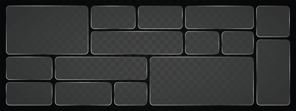 Liquid Glass Vector Frame Collection in Glassmorphism Style &ndash; Neon Luminescent Rectangular and Circular Frosted Glass UI UX Elements, Transparent Digital Button Boxes Isolated on Background