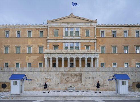 Detachment of the Presidential Guard Evzones in front of the Monument to the Unknown Soldier near the Greek Parliament, Syntagma Square, Athens, Greece