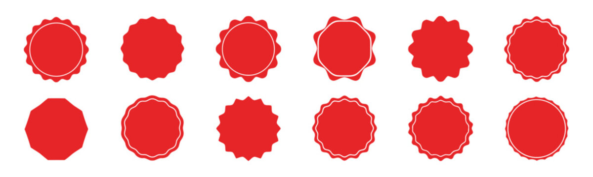 Red starburst seal badges collection with jagged edges and circular promo stickers for retail sale and marketing discount labels