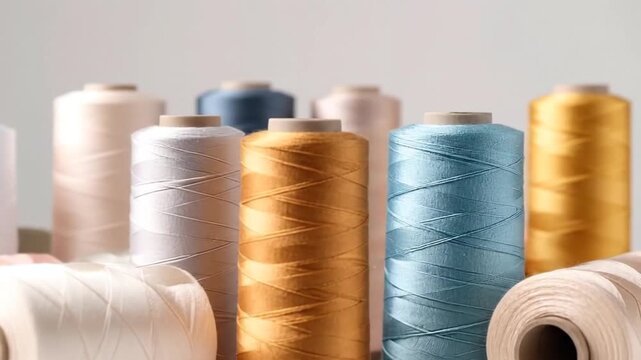 Close-up shot of colorful thread spools arranged on a white surface, studio shot.