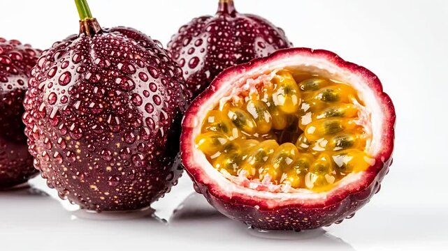 Ripe passion fruits with water droplets, one cut open on white.
