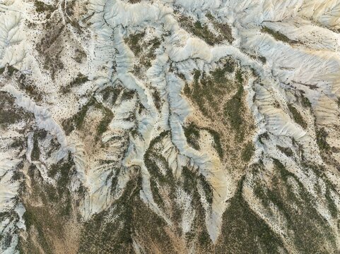 Bare ridges of eroded sandstone in the badlands of the Tabernas Desert, Europe's only true desert, aerial view, drone shot, Almer&iacute;a province, Andalusia, Spain
