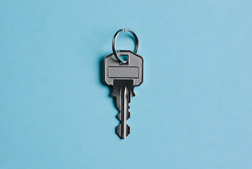Key silver metal with keyring attached to top on blue background, perfect for security or access concepts featuring lock, door, house with home and apartment elements for office, padlock projects,
