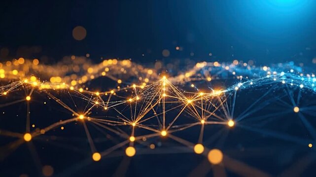 Abstract digital network connections with glowing dots and lines on a dark blue background.