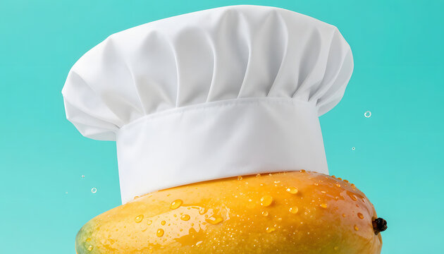 Fresh mango fruit wearing a chef hat on a light turquoise background, minimalist surreal concept, playful and silly food styling, clean modern studio look