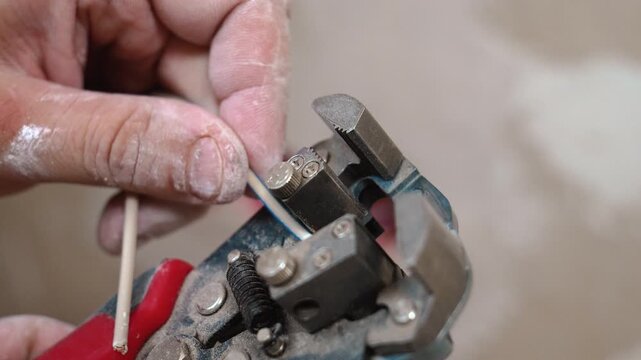 CloseUp Hands twisting cleaned copper conductors and trimming ends secure connection terminals. Detailed focus on insulation colours, fine motorisation technology and connection preparation. Stripper