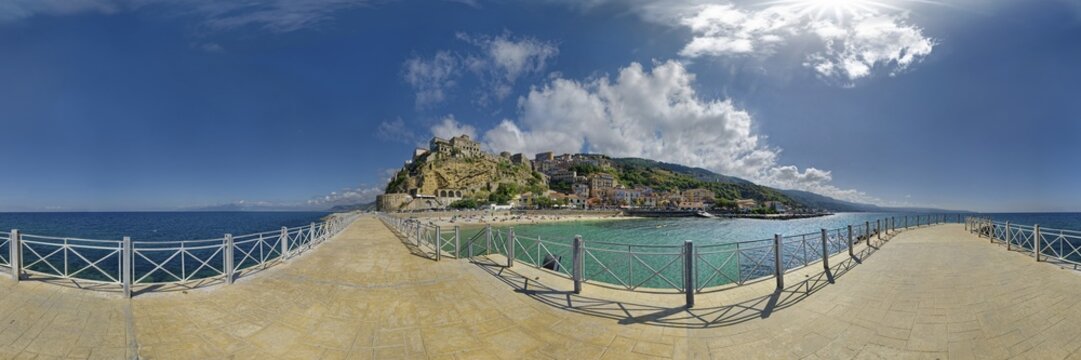 360&deg; panorama on the harbour promenade of Pizzo with town view and the medieval castle Murat, Pizzo. Calabria, Italy