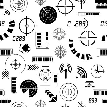 Seamless Pattern of Futuristic Digital Interface Elements and Targeting Reticles.