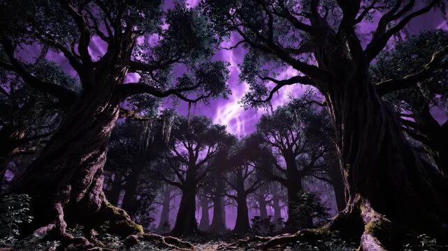 An enchanting forest scene evokes a sense of mystery and wonder, perfect for fantasy-themed projects or illustrating concepts of nature's power and re