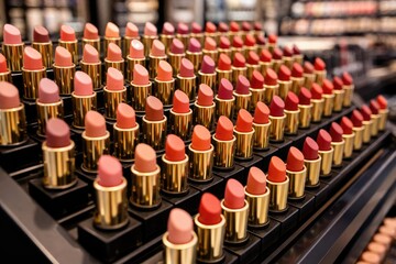 Professional makeup lipstick display with luxury cosmetic shades in retail beauty store