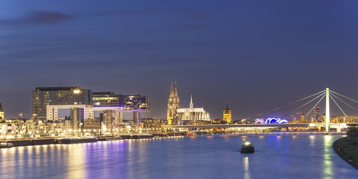 Panorama from the South Bridge, Rheinauhafen with crane houses, cathedral and Severinsbr&uuml;cke, Cologne, North Rhine-Westphalia, Germany