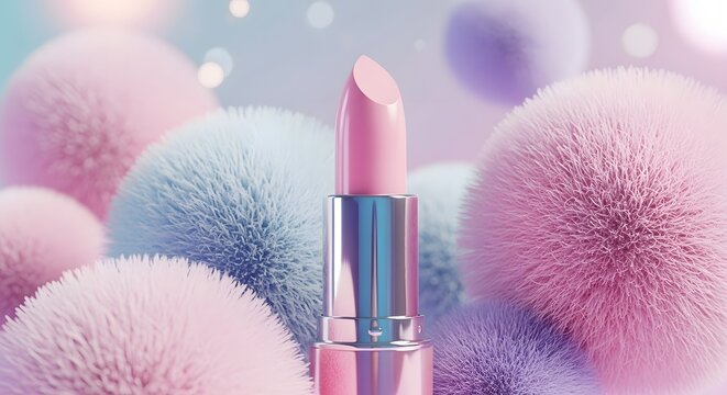 Close up of a pink lipstick among soft pastel blue and purple pompoms. Elegant cosmetic display and beauty branding. Luxury makeup product surrounded by fluffy fuzzy textures.