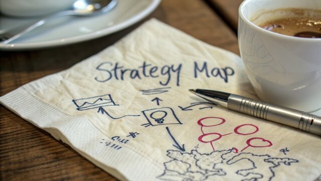 Handwritten strategy map on napkin beside coffee cup and pen