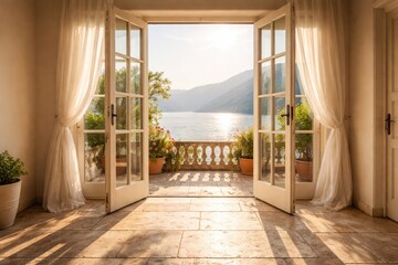 Fototapeta premium Open doors leading to sunny terrace with lake and mountain scenic view