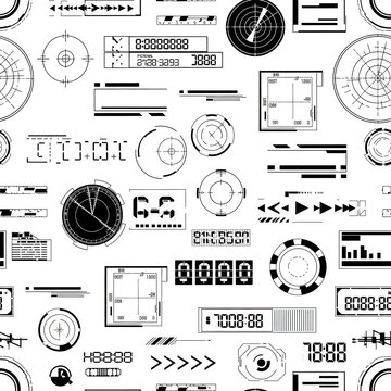 Seamless Pattern of Futuristic HUD Elements and Digital Displays.
