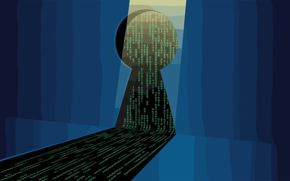 Cyber Security Concept with Digital Binary Code Inside Keyhole Flat Illustration Art