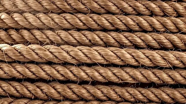 A close-up, static shot reveals a detailed pattern of multiple thick, natural fiber ropes laid horizontally. The textured surface showcases intricate braiding and twists, creating a visually rich back