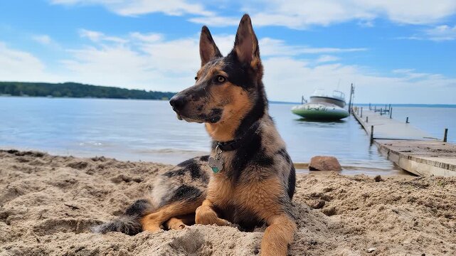 German Shepard dog relaxing on the beach on a summer afternoon