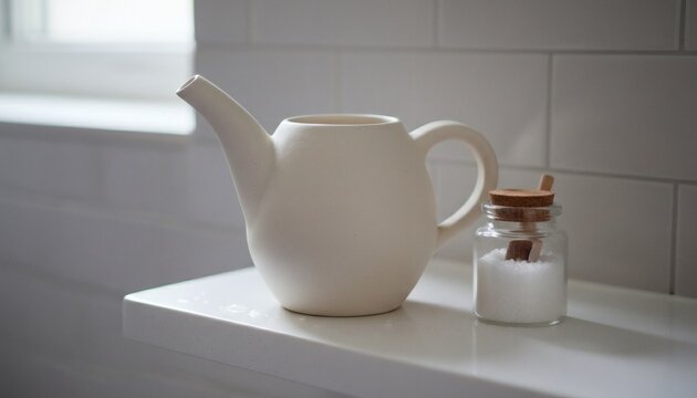 Ceramic Neti Pot And Glass Jar Of Sea Salt Still Life Minimalist Bathroom Wellness