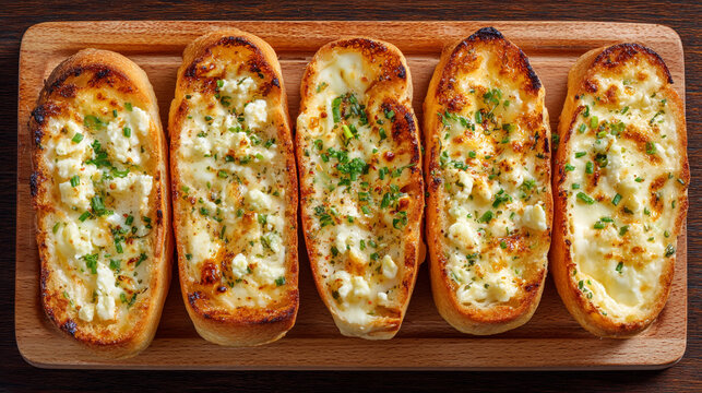 Five Toasted Garlic Bread Slices Topped with Cheese and Herbs