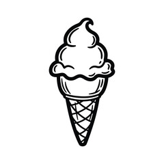 Minimalist soft serve ice cream cone line art illustration isolated on white background, perfect for coloring books, summer cafe menus, playful graphic design projects, and simple logo icons.