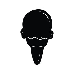 Minimalist black silhouette of a single scoop ice cream cone isolated on a white background, hand-drawn vector illustration perfect for summer food menu design and graphic projects.