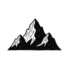 Hand-drawn mountain range illustration featuring jagged peaks and textured shading, isolated on a white background for outdoor adventure branding, rustic vintage woodcut style and minimalist vibe.
