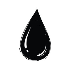 Hand-drawn black liquid drop icon representing a droplet of water, oil, or ink, isolated on a white background for graphic design and logo use, featuring a minimalist sketch style.