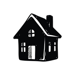 Hand-drawn black house icon isolated on white background, minimalist architectural sketch representing home ownership, real estate property, and cozy residential living in a rustic doodle style.