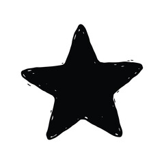 Hand-drawn black star silhouette isolated on a white background, featuring a rustic doodle style with rough edges and textured details, perfect for creative graphic design and branding projects.