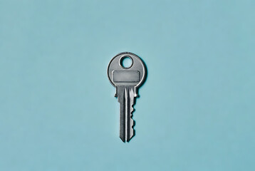 Key metal house key isolated on blue background, minimal security concept for access, lock and safety, spare key for home entry, copy space flat lay top view