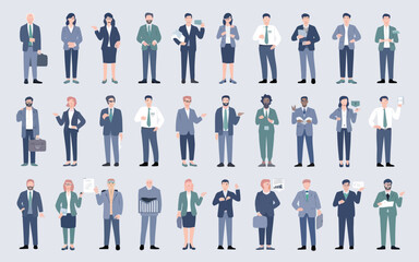 Diverse group of professional individuals in business attire standing in rows