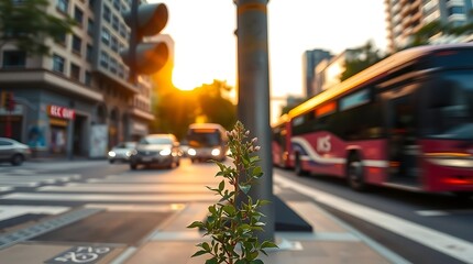A vibrant green sprout with tiny flowers thrives at a busy city crosswalk, with blurred traffic and buildings in soft, warm sunlight.