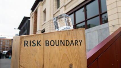 Fototapeta premium Transparent Cube on Risk Boundary Sign in Urban Environment