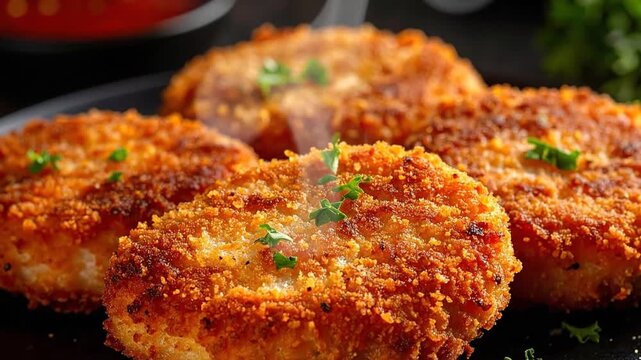 Delicious golden-brown fried cutlets served on a black plate, a culinary delight.