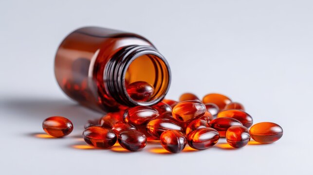 Amber soft gel capsules spill out of an opaque brown container onto a light surface