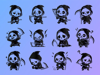 Chibi Grim Reaper Emotions Vector Set: Cute Cartoon Death Mascot with Scythe & Various Expressions