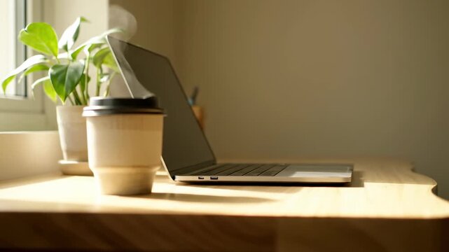 Morning Coffee and Laptop by Window - A Cozy Work-from-Home Setup with Natural Light.
