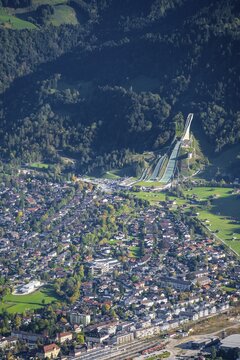 View over Garmisch-Partenkirchen with ski jump, Bavaria, Germany