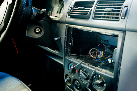 stolen radio from car, car burglary of parked car, concept of safety and criminality