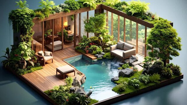 A miniature zen garden with a pool, surrounded by lush greenery and a relaxing atmosphere.