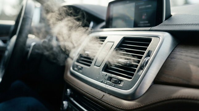 Refreshing cool air flowing from the modern car console vent creates a comfortable driving experience during a scenic journey, climate control technology and car comfort